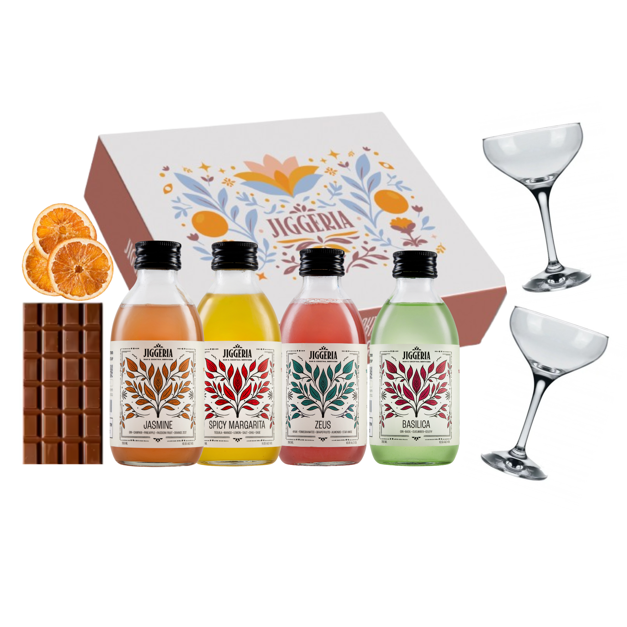 מארז קוקטיילים לזוג במשלוח מהיר, קוקטיילים עד הבית, ג'סמין, בזיל סמאש, ספייסי מרגריטה, כוסות קופ